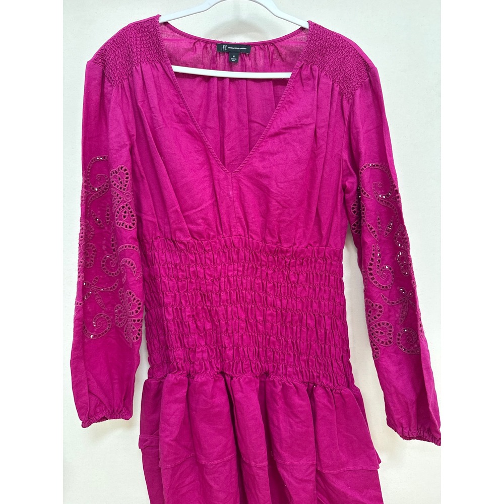 INC International Concepts Magenta Eyelet Sleeve Smocked Waist Mini Dress Medium